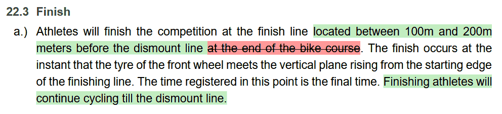 Athletes will finish the competition at the finish line located between 100m and 200m meters before the dismount line. The finish occurs at the instant that the tyre of the front wheel meets the vertical plane rising from the starting edge of the finishing line. The time registered in this point is the final time. Finishing athletes will continue cycling till the dismount line.